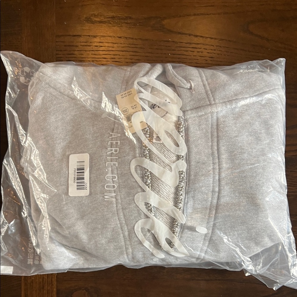 New! In package (see pics) Aerie Light Gray Cropped Beaded neckline Hoodie - Picture 2 of 4